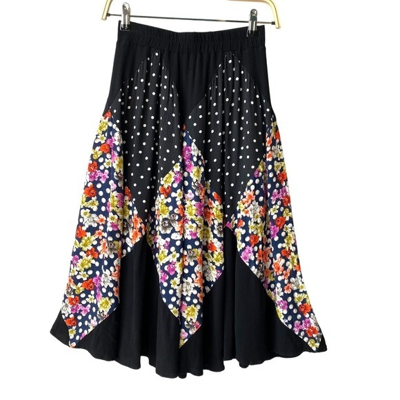 Maeve Dresses & Skirts - Anthropologie Maeve Patchwork Midi Skirt Women XS Black Floral Polka Dot Dreamer